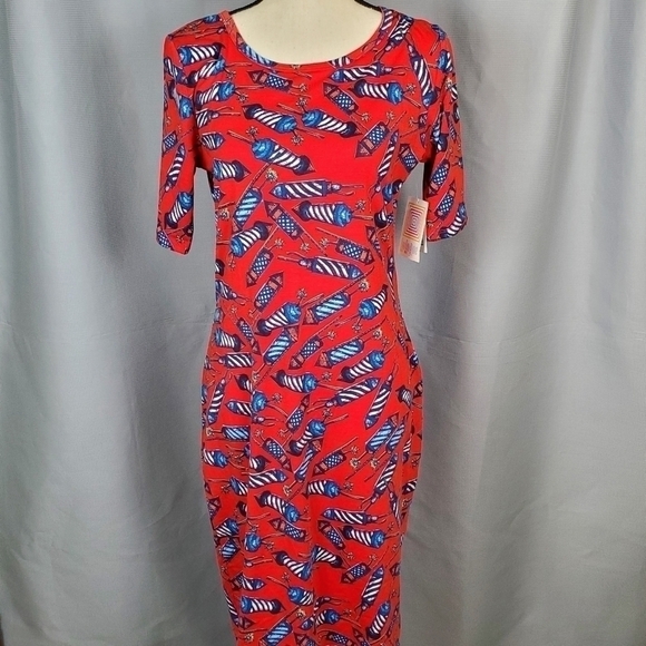 LuLaRoe Dresses & Skirts - NWT Lularoe Julia, red/white/blue firecracker pattern, size M